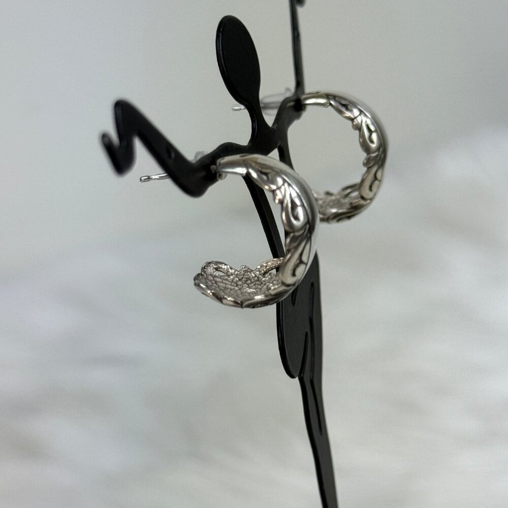 Vintage Jezlaine Sterling Silver J Hoop Cut-out Pierced Earrings - Picture 2 of 7